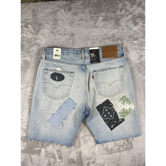 Levi’s 501 Patchwork Shorts Black Bandanna, Distress 34 - Picture 14 of 16